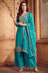 Turquoise Blue Art Silk Floral Embroidered Palazzo Suit
