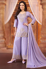 Lilac Purple Chinon Silk Woven Embroidered and Applique Worked Palazzo Suit