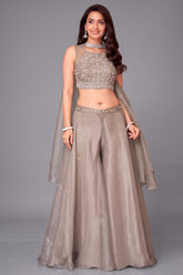 Grey Organza Sequin and Beaded Worked Crop Top Palazzo Set