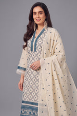 Off White Cotton Embroidered Straight Cut Suit