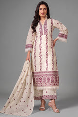 Off White Cotton Embroidered Straight Cut Suit