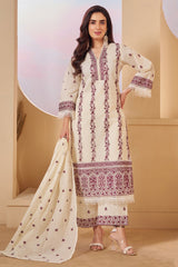 Off White Cotton Embroidered Straight Cut Suit