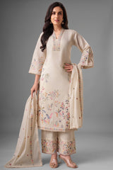 Off White Georgette Thread Embroidered Straight Cut Suit