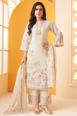Off White Georgette Thread Embroidered Straight Cut Suit