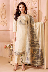 Cream Tissue Floral Woven and Peacock Motif Straight Cut Suit