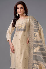 Cream Tissue Floral Woven and Peacock Motif Straight Cut Suit