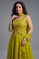 Lime Green Art Silk Asymmetrical Top and Palazzo Set