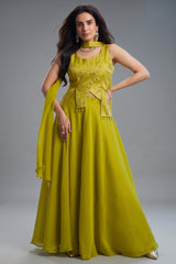 Lime Green Art Silk Asymmetrical Top and Palazzo Set
