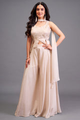 Off White Art Silk Asymmetrical Top and Palazzo Suit