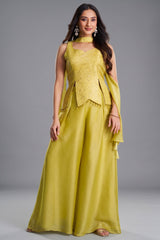 Light Yellow Art Silk Asymmetrical Top and Palazzo Suit