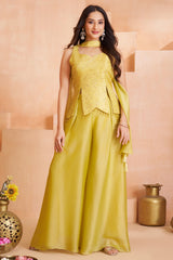 Light Yellow Art Silk Asymmetrical Top and Palazzo Suit