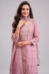 Mauve Pink Tissue Silk Thread Embroidered Straight Cut Suit