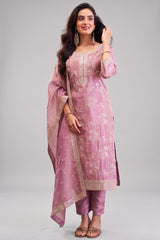 Mauve Pink Tissue Silk Thread Embroidered Straight Cut Suit