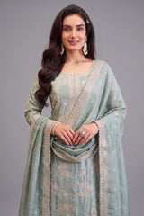Light Pista Green Tissue Thread Embroidered Straight Cut Suit