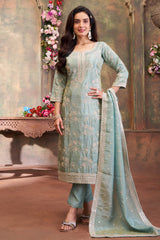 Light Pista Green Tissue Thread Embroidered Straight Cut Suit