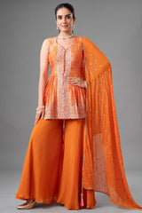 Orange Chinon Chiffon Silk Printed Peplum Palazzo Suit
