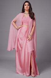 Light Pink Organza Sequin and Cutdana Worked Crop Top and Skirt with Cape Jacket