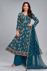 Prussian Blue Crepe Silk Sequin Worked Anarkali Suit