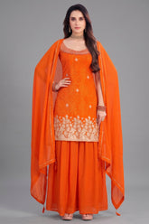 Orange Chinon Chiffon Printed Palazzo Suit with Gota Work