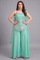 Firozi Crepe Silk Beaded Floral Worked Palazzo Suit