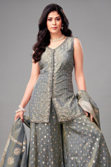 Grey Tissue Silk Mirror Worked Palazzo Suit