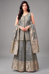 Grey Tissue Silk Mirror Worked Palazzo Suit
