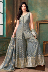 Grey Tissue Silk Mirror Worked Palazzo Suit