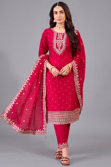 Rani Pink Art Silk Straight Cut Suit with Sequin and Embroidery Work