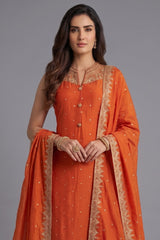 Orange Art Silk Straight Cut Suit with Sequin and Embroidery Work