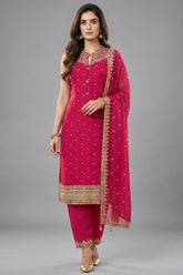 Rani Pink Art Silk Straight Cut Suit with Sequin and Embroidery Work