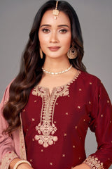 Dark Maroon Art Silk Sequin Worked Straight Cut Suit