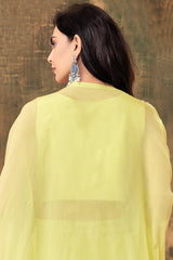 Yellow Georgette Cutdana Sequin Worked Crop Top with Draped Skirt and Jacket