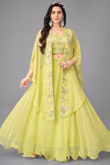 Yellow Georgette Cutdana Sequin Worked Crop Top with Draped Skirt and Jacket
