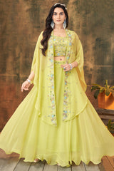 Yellow Georgette Cutdana Sequin Worked Crop Top with Draped Skirt and Jacket