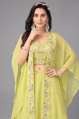 Yellow Georgette Cutdana Sequin Worked Crop Top with Draped Skirt and Jacket