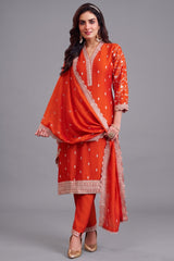 Burnt Tangerine Orange Art Silk Straight Cut Salwar Suit with Delicate Floral Embroidery