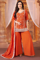 Orange Art Silk Palazzo Suit with Intricate Applique and Floral Thread Work