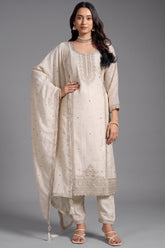Opulent Creamy Ivory Art Silk Straight Cut Salwar Suit with Applique and Embroidery Work