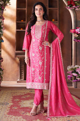 Pink Art Silk Embroidered Straight Cut Suit