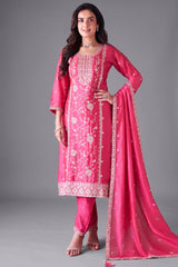Pink Art Silk Embroidered Straight Cut Suit