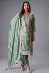Sage Green Art Silk Embroidered Straight Cut Suit