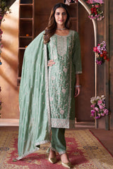 Sage Green Art Silk Embroidered Straight Cut Suit