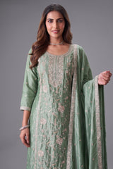 Sage Green Art Silk Embroidered Straight Cut Suit