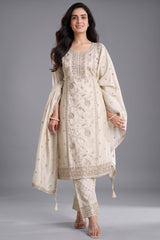 Ivory White Art Silk Embroidery and Applique Worked Straight Cut Suit