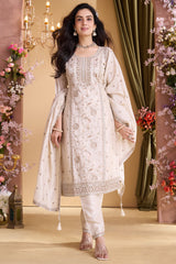 Ivory White Art Silk Embroidery and Applique Worked Straight Cut Suit