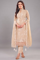 Beige Art Silk Floral Embroidered Straight Cut Suit