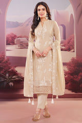 Beige Art Silk Floral Embroidered Straight Cut Suit