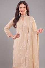 Beige Art Silk Floral Embroidered Straight Cut Suit