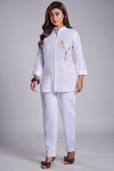 Pearl White Cotton Bird Motif Co-Ord Set