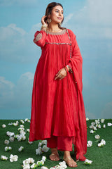 Red Mul Cotton Pleated Embroidery Anarkali Kurta Set